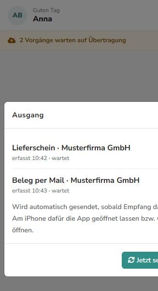 Leiste 2 Vorgänge warten auf Übertragung unter der Kopfzeile, darüber geöffnet der Ausgang mit einem Lieferschein und einem Beleg per Mail