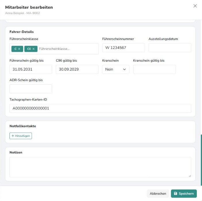 Mitarbeiter bearbeiten – Fahrer-Details und Notfallkontakte