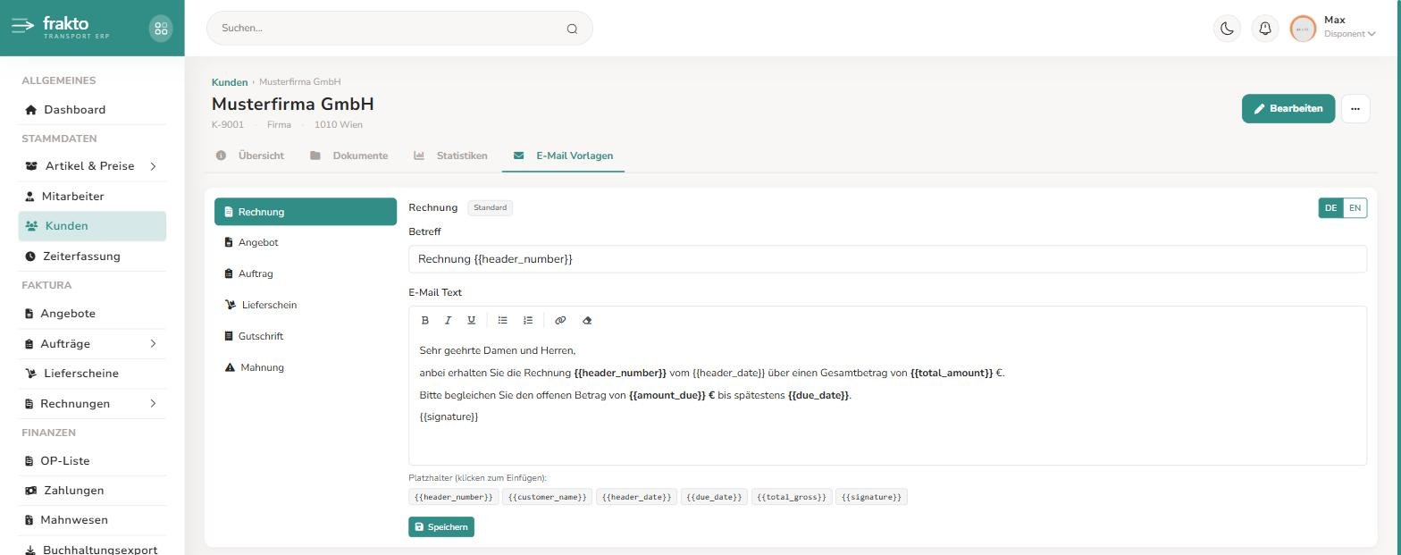 E-Mail-Vorlagen-Reiter beim Kunden