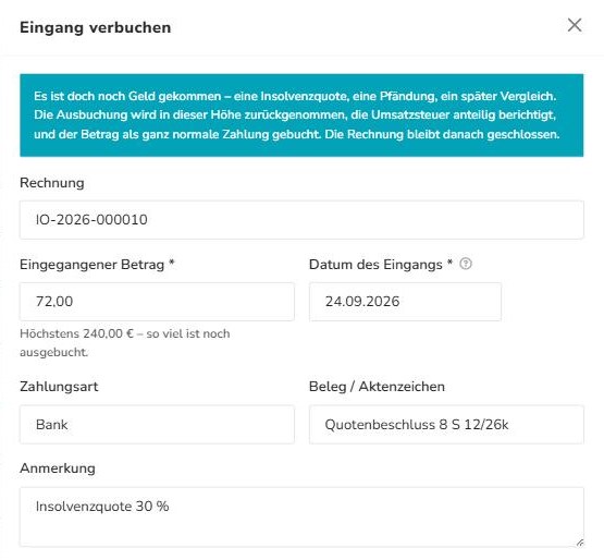 Dialog Eingang verbuchen mit Betrag, Datum, Zahlungsart, Beleg und Anmerkung