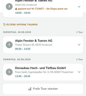 Tourenliste mit der Schaltfläche "Freie Tour starten"