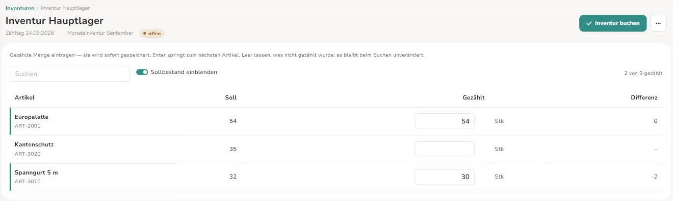 Zählliste mit eingeblendetem Soll, zwei Artikel gezählt, einer mit Differenz −2