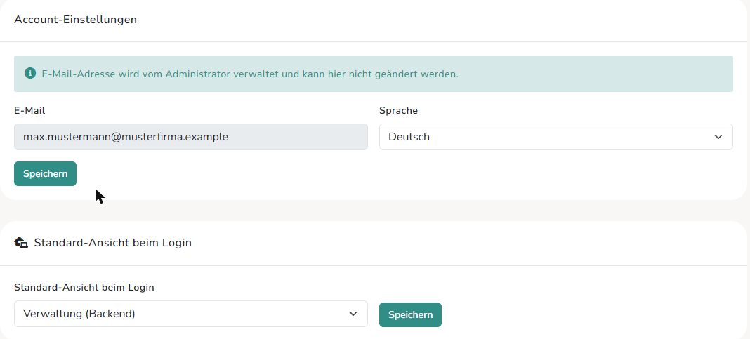 Account-Einstellungen mit E-Mail, Sprache und Standard-Ansicht