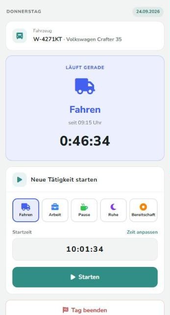Lenkzeiten mit Tätigkeitsauswahl und laufender Aktivität