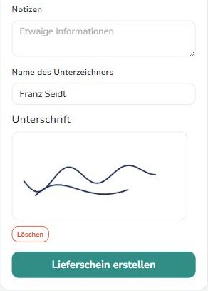 Notizen, Name des Unterzeichners und Unterschriftsfeld