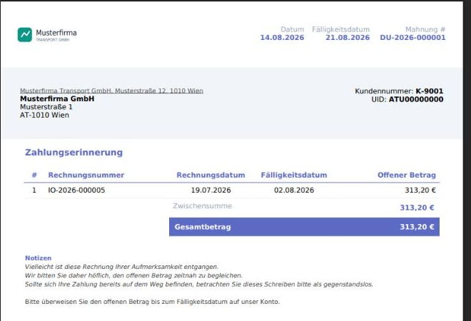 Mahnschreiben "Zahlungserinnerung" mit Rechnungsaufstellung