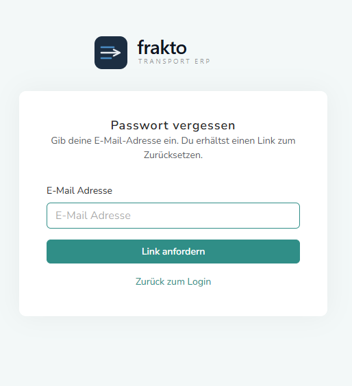 Passwort-vergessen-Maske mit E-Mail-Feld und "Link anfordern"