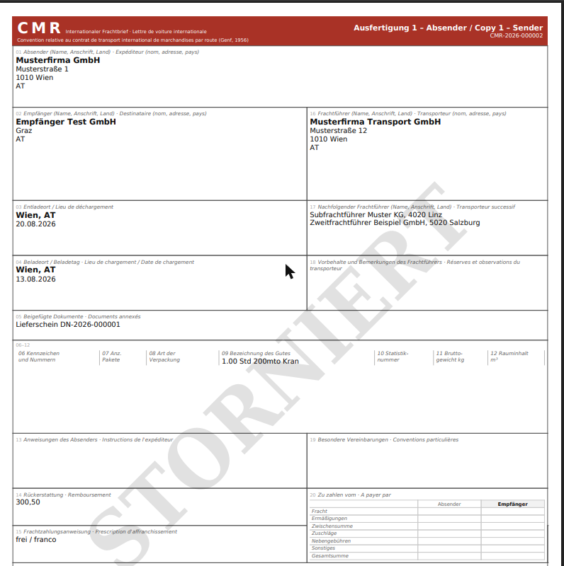Storniertes CMR-PDF mit Wasserzeichen