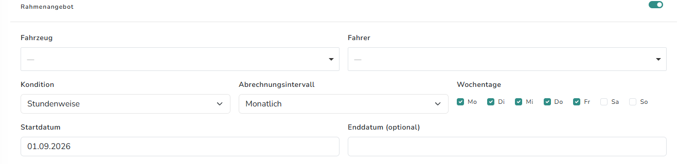 Rahmenangebot-Formular: Fahrzeug, Fahrer, Kondition, Abrechnungsintervall, Wochentage