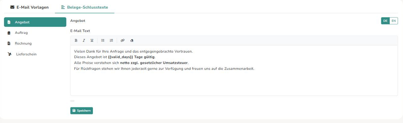 Schlusstext eines Angebots mit Platzhalter für die Gültigkeitsdauer