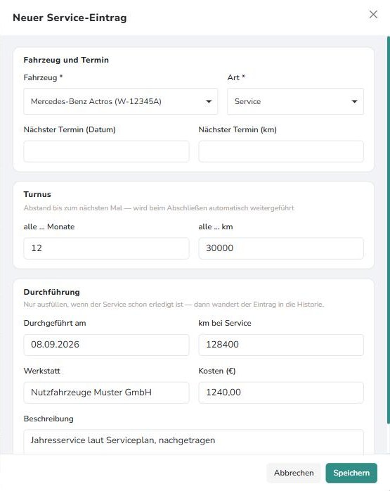 Panel Neuer Service-Eintrag mit Fahrzeug und Termin, Turnus und Durchführung