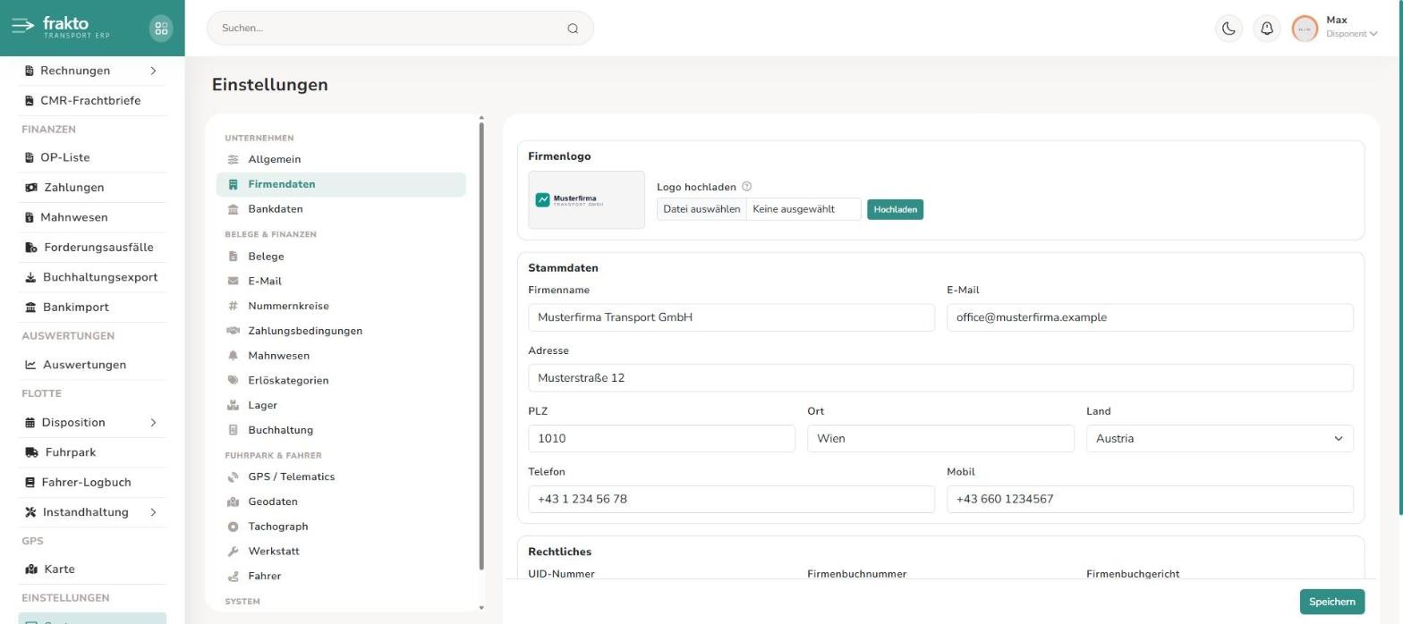 Systemeinstellungen mit Navigation links und dem Bereich Firmendaten