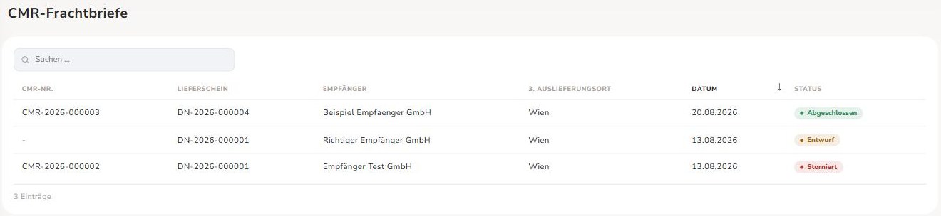 Liste mit storniertem und neu ausgestelltem Frachtbrief