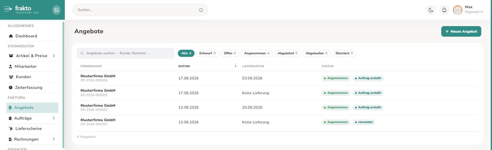 Angebote-Übersicht mit Suchfeld und Status-Filtern