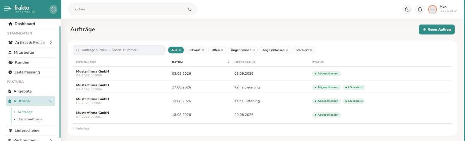 Auftragsliste mit Suchfeld und Status-Filtern