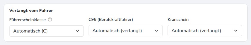 Bearbeiten-Panel, Block Verlangt vom Fahrer: Führerscheinklasse Automatisch (C), C95 und Kranschein Automatisch (verlangt)