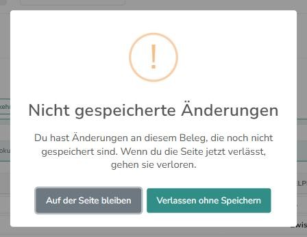 Rückfrage "Nicht gespeicherte Änderungen" mit den Knöpfen "Auf der Seite bleiben" und "Verlassen ohne Speichern"